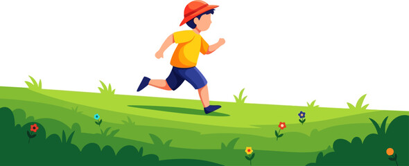 Boy running joyfully on grassy hillside