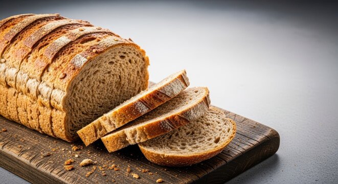 Freshly baked artisan loaf of whole wheat bread, perfectly sliced and ready for consumption, resting on a rustic wooden cutting board, golden, carbohydrate, delicious