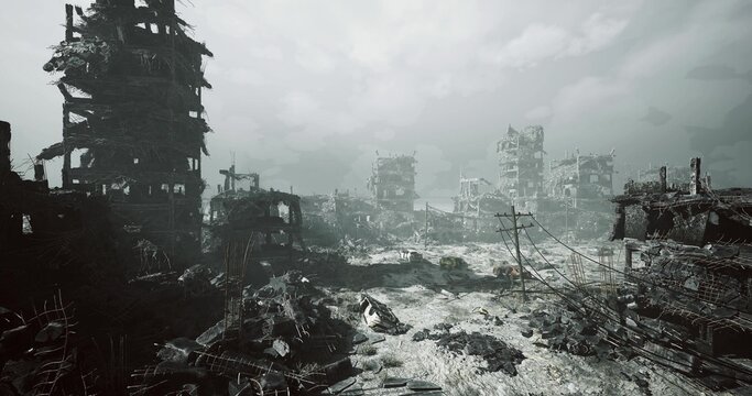 barren dustchoked wasteland with distant monolithic towers under heavy haze, cracked ground and muted light evoke longterm abandonment ideal for climate