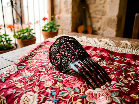 Traditional Spanish peineta hair comb made of dark carved tortoiseshell style material placed on embroidered manton shawl, elegant Andalusian cultural accessory