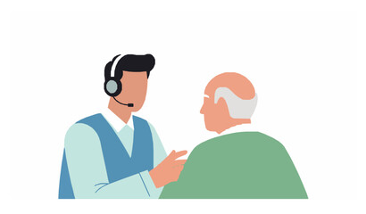 Fototapeta premium Call center operator talking to elderly man flat vector illustration EPS 10