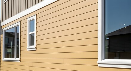 Fototapeta premium Yellow house siding exterior wall with white window trim