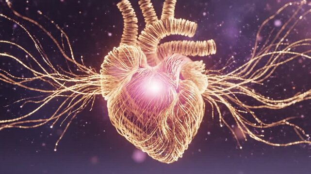 Digital representation of a human heart with golden fractal structures emanating from it