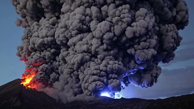 Volcano Eruption Scene. Spectacular Image Capturing Lava Flow And Smoke During Volcanic Eruption. Vivid Portrayal Of Volcanic Eruption With Blazing Lava And Billowing Smoke At Dusk