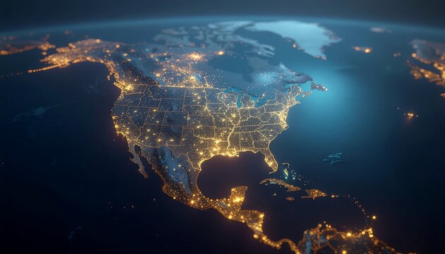 Vibrant Nighttime Glow of Urban Centers Across North America from Orbit, Showcasing Connectivity and Growth
