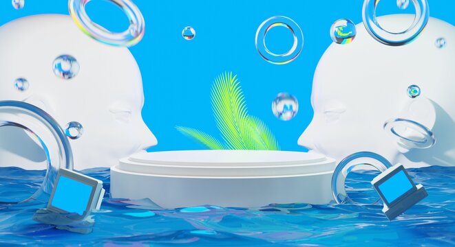 retro-future y2k 2000s frutiger aero aqua web 2.0 gloss with stage podium for product display showcase, 3d illustration rendering abstract background, technology and nature environment concept