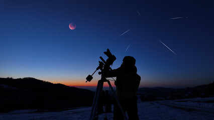 Amateur astronomer observing stars, planets, Moon eclipse and other celestial objects. © astrosystem