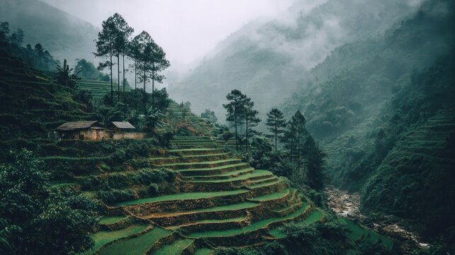 Steep green agricultural terraces descend into a misty, forested mountain valley beside a flowing stream.
