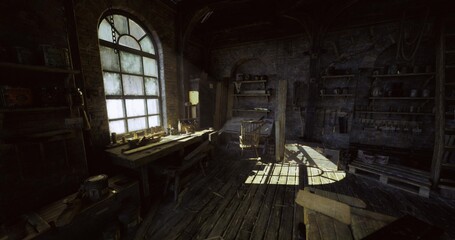 sunlit maker loft with arched window casting warm beams across bench, scattered tools and wooden wheels, intimate creative atmosphere and handson craft energy