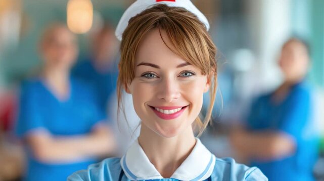 Smiling Nurse: A compassionate healthcare professional radiates warmth and care, her genuine smile and reassuring gaze, embodying the spirit of dedication within a supportive team.
