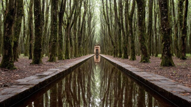Long rectangular pool of water leads the eye down an avenue of mossy forest trees toward a distant structure.