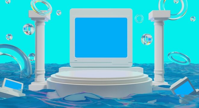 retro-future y2k 2000s frutiger aero aqua web 2.0 gloss with stage podium for product display showcase, 3d illustration rendering abstract background, technology and nature environment concept
