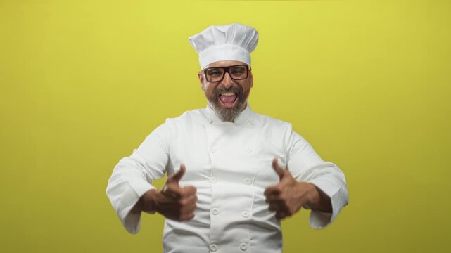 Man chef with grey hair and beard wearing white uniform and hat showing thumbs up with right hand and smiling in yellow studio; confidence success.