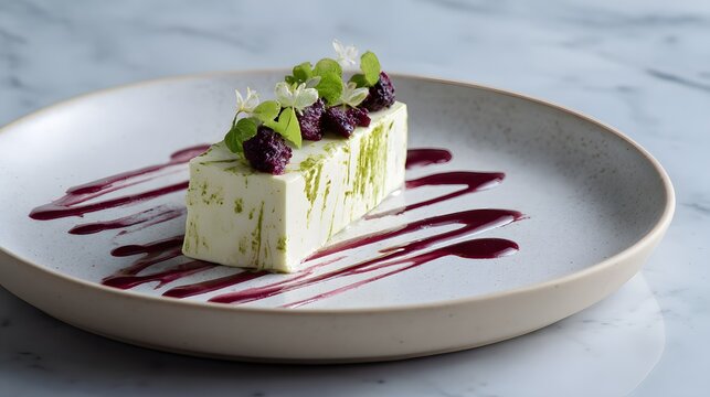 Pistachio kulfi semifreddo with berry reduction brushstroke, minimalist marble setting, professional lighting balance