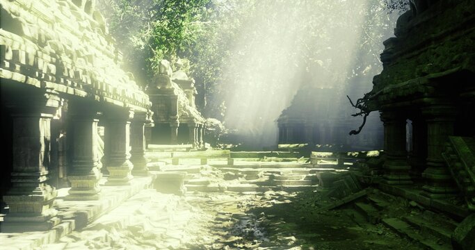 Mystical fantasy temple environment with light shafts and ethereal glow, surreal ruins and runemarked stones create otherworldly game scene, perfect
