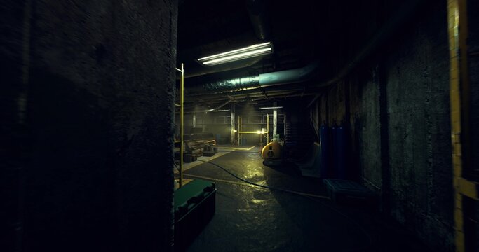 wet reflective industrial corridor illuminated by overhead fluorescents, puddles mirroring pipes and ceiling, gritty concrete floor with scattered toolbox