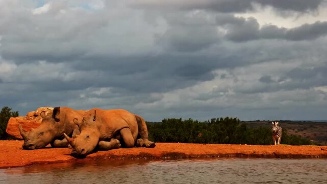 A distant zebra watches two white rhinos rest by a watering hole under a dramatic cloudy sky.