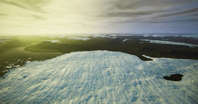 Expedition track crossing vast glacier under dramatic sky with distant peaks, rugged terrain and survival gear context suggesting endurance, teamwork