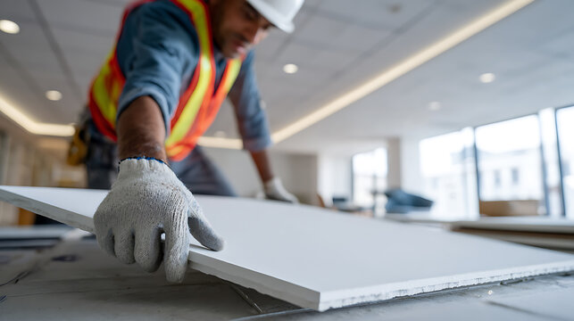 Skilled construction worker meticulously handles drywall panel at a modern job site, focus and precision showcased during interior build out