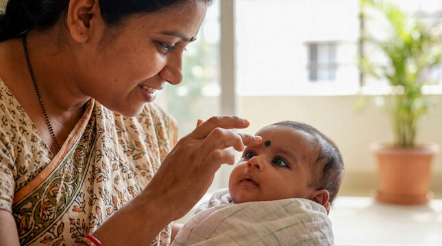 Indian mother applying black kohl dot baby forehead copy space traditional culture india asian parenting care protection family routine close up portrait
