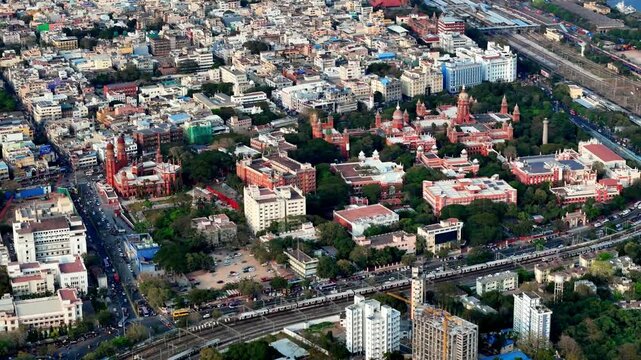 Aerial perspective of North Chennai&rsquo;s heritage district, featuring the Madras High Court campus framed by bustling streets, railway lines, and compact urban development.