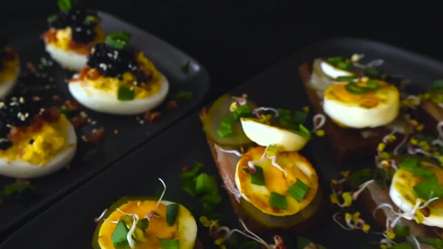 Cinematic close view of traditional Estonian deviled eggs with caviar and sprat rye sandwiches served on dark plates for Independence Day celebration.