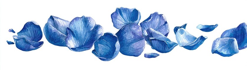 Watercolor illustration of blue flower petals scattered across a white background