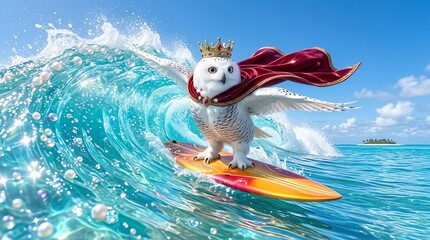 美しい南の海でサーフィンしている王様シロフクロウ