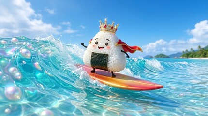 美しい南の海でサーフィンしている王様おにぎり