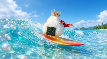 美しい南の海でサーフィンしている王様おにぎり