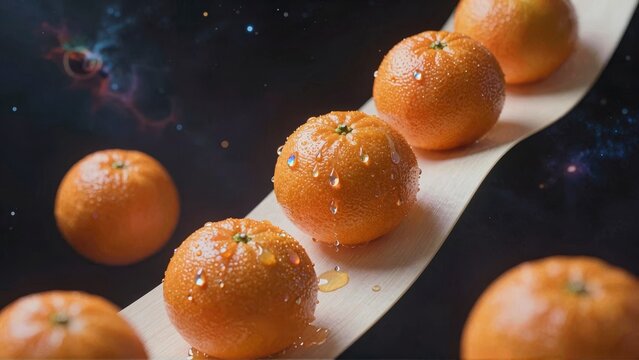 Orange slices on a curved white surface against a space background