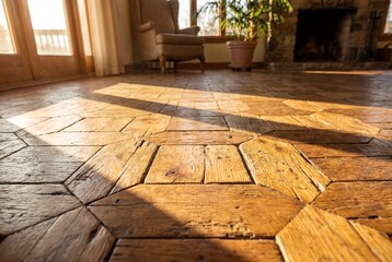 Fototapeta premium Low angle view of a rustic wood floor with a honeycomb pattern in sunlight