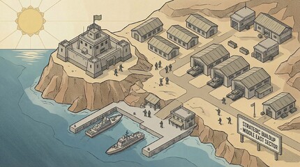 Obraz premium military base and headquarters with troops, tanks, and warships near a coastline, depicting a strategic buildup and escalation in the Middle East conflict