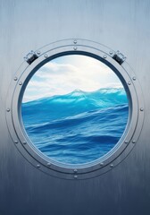 Naklejka premium The round metallic window frame of a nautical vessel looking out onto the deep blue ocean waves and the bright sunny sky, boat, looking, vintage