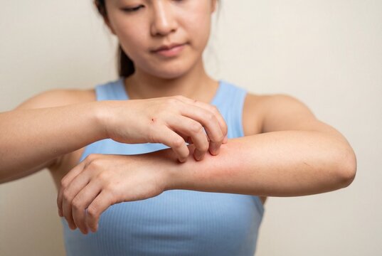 Young woman scratching her arm with fingers due to itching