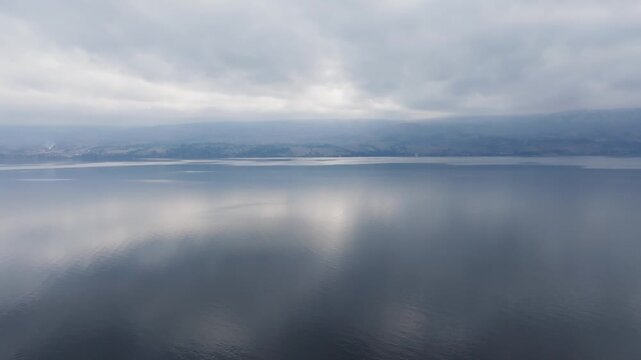 Aerial of mountain lake during winter
