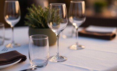 Elegant wine glasses and a water glass on a set dining table.