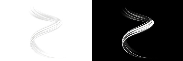 Naklejka premium White dynamic wind swoosh swirl stroke effect, abstract curved motion trail. Includes transparent PNG version and black background preview version.