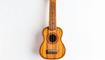 Obraz premium Polished Wooden Ukulele with Decorative Rosette and Four Strings on White Background