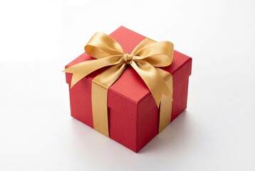 Fototapeta premium Red gift box tied with a golden satin ribbon and bow isolated on a white background for holidays
