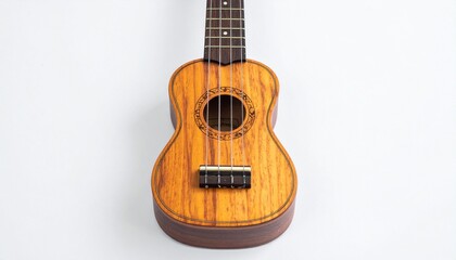 Fototapeta premium Polished Wooden Ukulele with Decorative Rosette and Four Strings on White Background