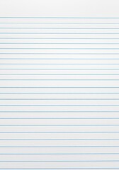 Fototapeta premium A close up abstract background texture showing light blue horizontal rule lines on a simple white sheet of blank college notebook filler paper, page, stationery, supply