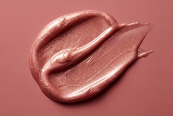 Obraz premium Luxurious metallic rose gold lipstick swatch smeared on pink surface with sparkling shimmer