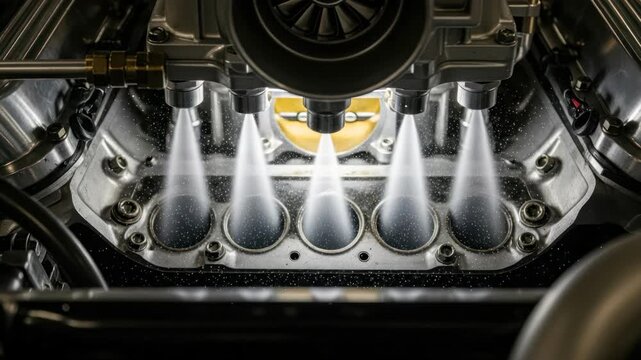 Detailed close-up of fuel injectors spraying liquid into a powerful car engine manifold