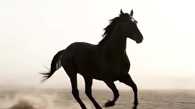 Majestic black stallion galloping across sandy desert landscape with dust silhouette and backlight