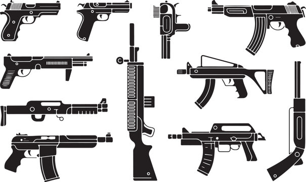 A diverse collection of black weapon icons including pistols, rifles, and various submachine guns