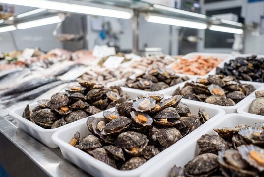 Fresh limpets in white trays at a seafood market counter