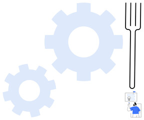 Obraz premium Engineering, problem-solving, teamwork, industry, productivity, tools, and management. Two gears and a fork next to a person presenting a diagram. Engineering and problem-solving concepts