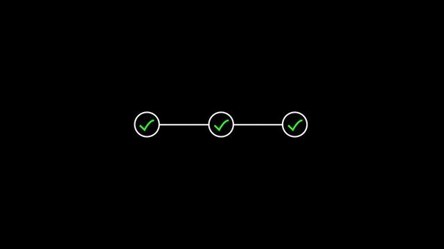 Minimal black UI progress indicator with three connected circles showing green check marks, concept of completed steps, verification, workflow success.