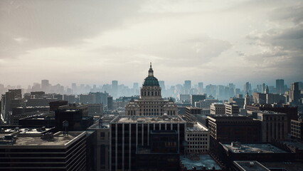 Obraz premium golden city skyline capitol dome afternoon glow, architect sketching rooftop extension, tourist photographing monument, courier delivering parcels through busy